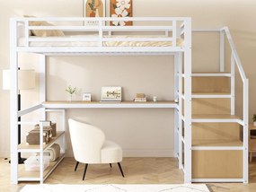 Łóżko mezzanine metalowe 140x200 cm - z drabiną do przechowywania i biurkiem - Białe