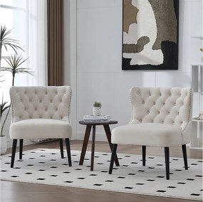 Krzesło beżowe - Krzesło z nitowanym wykończeniem i nogami z litego drewna - aksamit