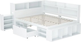 Łóżko 140x190cm z MDF - z szufladami i półkami - z małą zdejmowaną biblioteczką - z stelażem lamelowym - Biały​ (bez materaca)