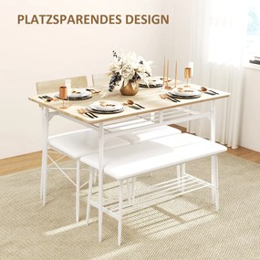 HOMCOM 4-częściowy zestaw stołowy z krzesłami i ławką na 4 osoby, siedzenia tapicerowane, stalowy stelaż, drewno, Biały