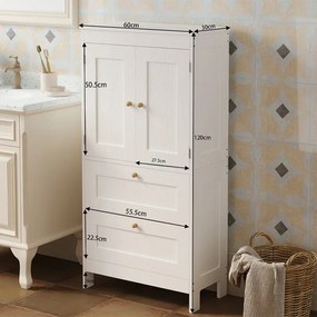 Regał łazienkowy / szafka wolnostojąca – biała – 120 cm – 2 szuflady + drzwiczki – styl loft