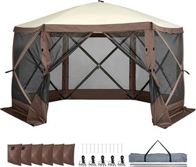 Namiot Pawilon Zbijany na 6 Boków SucceBuy, Schronienie Przed Słońcem, Brązowy, z Odpinanymi Panelami Prywatności i Oknami z Siatki
