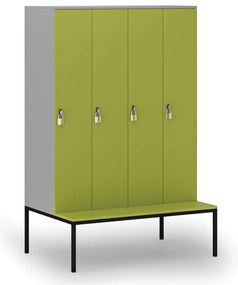 Drewniana szafa ubraniowa S4 z ławką, 4-drzwiowa, 1871 x 1200 x 500/800 mm, demontaż, zamek obrotowy, szary/zielony