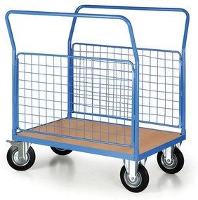 Wózek platformowy - 2 burty z siatki, 1000 x 700 mm, nośność 300 kg, koła 160 mm z czarną gumą