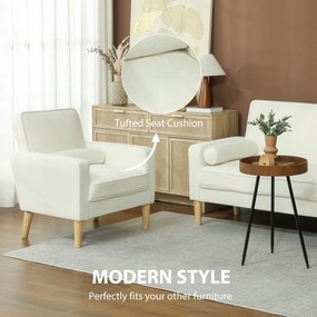 HOMCOM Fotel tapicerowany z podłokietnikami, nachylone oparcie, nogi z drewna kauczukowego, kremowy