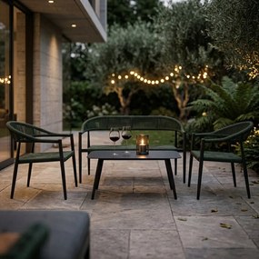 Zestaw mebli ogrodowych ciemnozielony, szara rama, ławka, 2 krzesła, stolik