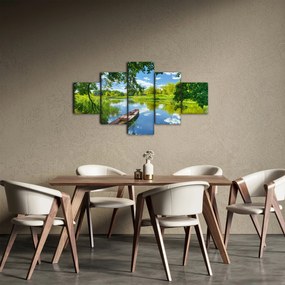 Obraz letniej rzeki z łodzią (125x70 cm)