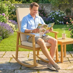 Outsunny Fotel bujany z drewna akacjowego z wysokim oparciem i poduszkami do 160 kg, 60 x 89 x 107 cm, beżowy | Aosom PL