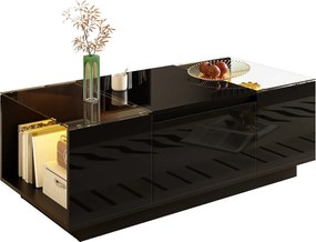 Nowoczesny stolik kawowy - 105 x 50 x 35 cm - z 2 szufladami + diody LED - blat szklany - płyta wiórowa - czarny