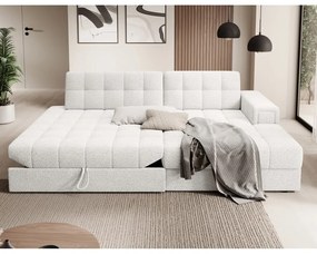 Kremowy rozkładany narożnik z materiału bouclé (prawostronny/z szezlongiem) Blezalt – ELTAP