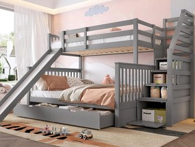 Łóżko piętrowe z litego drewna - 90x200cm + 140x200cm - ze schodami do przechowywania i zjeżdżalnią - Szare