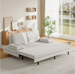 Rozkładana sofa 90×200 cm w białej tkaninie, z możliwością przekształcenia w łóżko 180×200 cm – nowoczesny design i oszczędność miejsca