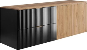 Zestaw łazienkowy: szafka z szufladami i szafka z drzwiami 57×46×160 cm, kolor: czarny / Dąb Craft/ blat Dąb Craft/, uchwyt złoty