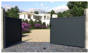 Brama wjazdowa rozwierna NAZARIO, pełna, z aluminium w kolorze antracytowym – 392 × 158 cm (szer. × wys.)