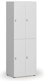 Drewniana szafka skrytkowa S4, 4 schowki, demontaż, zamek obrotowy, szary/biały