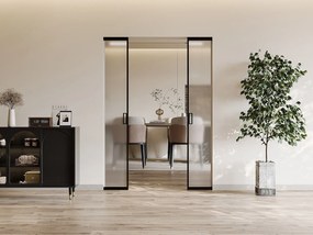 Drzwi przesuwne podwójne chowane w ścianie - aluminium i matowe szkło hartowane - 2 x wys. 205 x szer. 73 cm - LINCI II