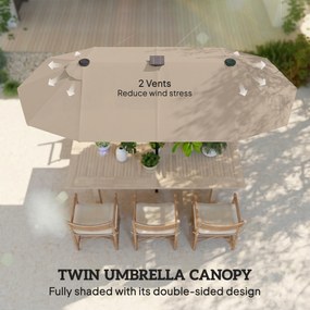 Outsunny Podwójny parasol 292 x 150 cm, parasol z oświetleniem LED, korbka, regulacja kąta, Khaki | Aosom PL