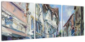 Obraz - Aleja starego miasta, malarstwo akrylowe (z zegarem) (90x30 cm)