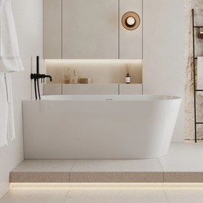 Wanna wolnostojąca narożna lewa z konglomeratu biała błyszcząca/matowa 160 x 75 cm WALL White Glow / Matt z przelewem typu SLIM : Kolor wanny - Biały połysk