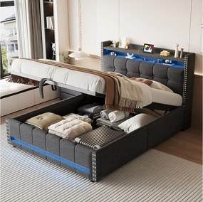 Łóżko ze schowkiem 140 x 200 cm z zagłówkiem i półkami - LED + port USB - Tkanina lniana - Szare (bez materaca)