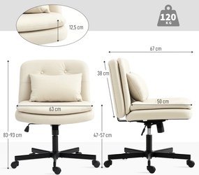 HOMCOM Fotel biurowy bez podłokietników z pokryciem ze sztucznej skóry, fotel biurowy z kółkami, dodatkowa poduszka, regulowany, obrotowy, beżowy