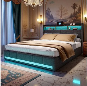Nowoczesne Szare Łóżko Dwuosobowe z Pojemną Szafą-180x200cm-LED RGB, Porty USB-Oświetlenie Inteligentne-Tkanina Oddychająca