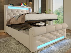 Łóżko skrzynia tapicerowane 90x200cm - z LED - z portami USB i Type-C - Welur - Beżowy