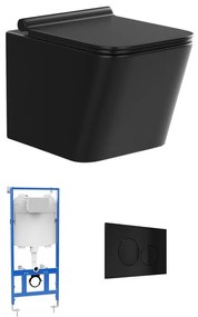 Podwieszana ceramiczna toaleta w kolorze czarny mat z możliwością instalacji na stelażu i okrągłym przyciskiem spłuczki - CLEMONA