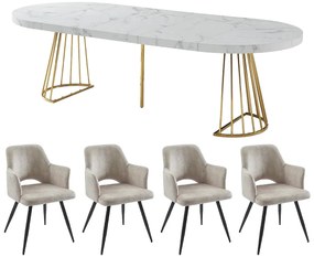 Zestaw stół FIRELA + 4 krzesła KADIJA - Efekt białego marmuru i beżowy