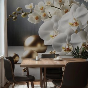 Fototapeta - Orchidea i złote kulki (196x136 cm)