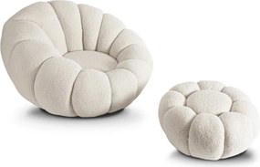 Fotel Wypoczynkowy Obrotowy PETTIT Kremowy z Pufą w Tkaninie Teddy Boucle