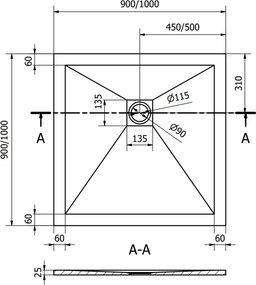 Mexen Stone+ brodzik kompozytowy kwadratowy 90 x 90 cm, biały, maskownica złota - 44109090-G