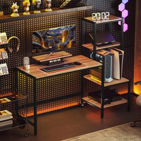 HOMCOM Biurko komputerowe z podwyższeniem monitora, 4-poziomowymi półkami, design industrialny, Brązowe