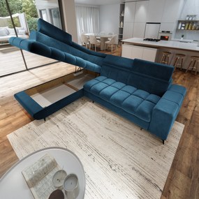 Masseno Narożnik MORIVA z funkcją spania i pojemnikiem na pościel Narozniki L, Rozkładana sofa - Niebieski, MONOLITH 77