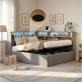 Łóżko dziecięce hydrauliczne ze schowkiem - 90 x 200 cm - sofa tapicerowana z funkcją spania i półką + LED + USB - welur - szary
