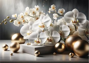 Obraz na szkle - Orchidea i złote kule (70x50 cm)