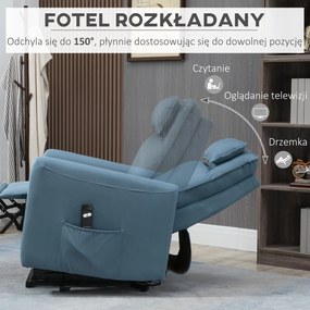 HOMCOM Fotel relaksacyjny z funkcją podnoszenia zintegrowany podnóżek pilot i kieszeń boczna niebieski | Aosom PL
