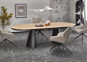 Nowoczesny rozkładany stół owalny Heksagon 180-230/100 cm z blatem MDF w kolorze dębu na czarnych metalowych nogach