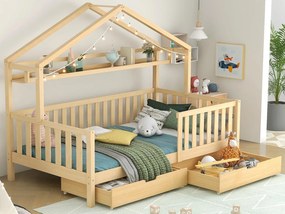 Łóżko z litego drewna - 90x200cm - z 2 szufladami i półkami - Naturalne