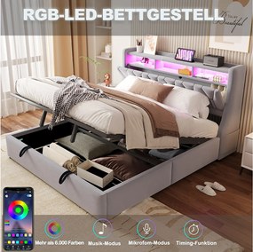 Łóżko tapicerowane ze schowkiem - 180 x 200 cm - hydrauliczne - składany zagłówek ze schowkiem + diody LED - MDF - jasnoszary