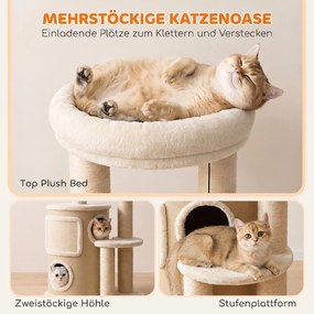 PawHut Drapak z 2-poziomową kryjówką, słupami sizalowymi, platformą, matą sizalową i pomponem, dla kotów do 5 kg | Aosom PL