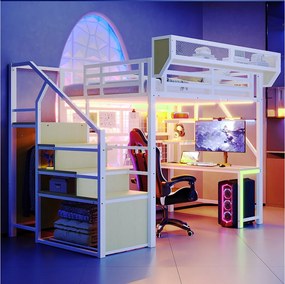 Łóżko piętrowe metalowe - 140 x 200 cm - z biurkiem + półką i siatką na rzeczy + drabinką + diodami LED + gniazdkiem elektrycznym - białe