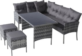 Zestaw mebli ogrodowych modułowych 7-osobowych z rattanu PE: 1 narożnik 5-osobowy + 2 fotele + 1 stół prostokątny - Szary