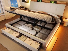 Tapicerowane łóżko z pojemnikiem 180x200 cm - z portem USB Type-C - z oświetleniem LED - len - beżowy​ (materac nie jest wliczony w cenę)