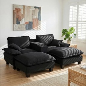 2-osobowa sofa modułowa ze schowkiem, z 2 zdejmowanymi podnóżkami, uchwytami na kubki i portami USB, czarna