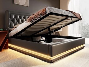 Łóżko tapicerowane 140 x 200 cm z ekoskóry - z funkcją ładowania i LED u stóp łóżka - Czarne
