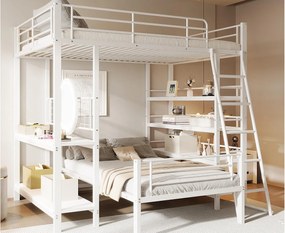 Łóżko piętrowe 140X200cm - Z wieloma schowkami - Metalowa konstrukcja - Z drabinką bezpieczeństwa - Z barierką - Białe (bez materaca)