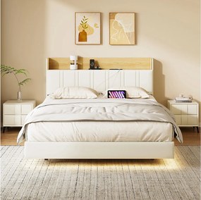Łóżko Pikowane 160x200 cm Białe Efekt Unoszenia z LED, Przechowywanie w Zagłówku i Port USB, Skóra Ekologiczna, Metalowa Rama i Drewniane Listwy