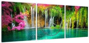 Obraz - Wodospad, Jeziora Plitwickie, Chorwacja (z zegarem) (90x30 cm)