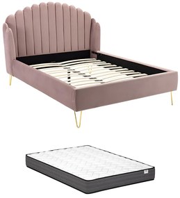 Łóżko 140 × 190 cm z falistym zagłówkiem – Welur –Pudrowy róż + Materac – SAGALI